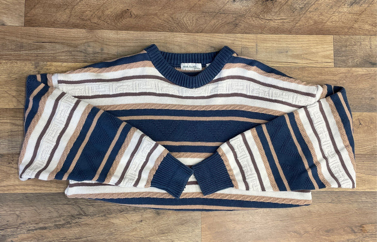 Vintage 90s Brian MacNeil Men's Blue Striped Cotton Crewneck Sweater Size M