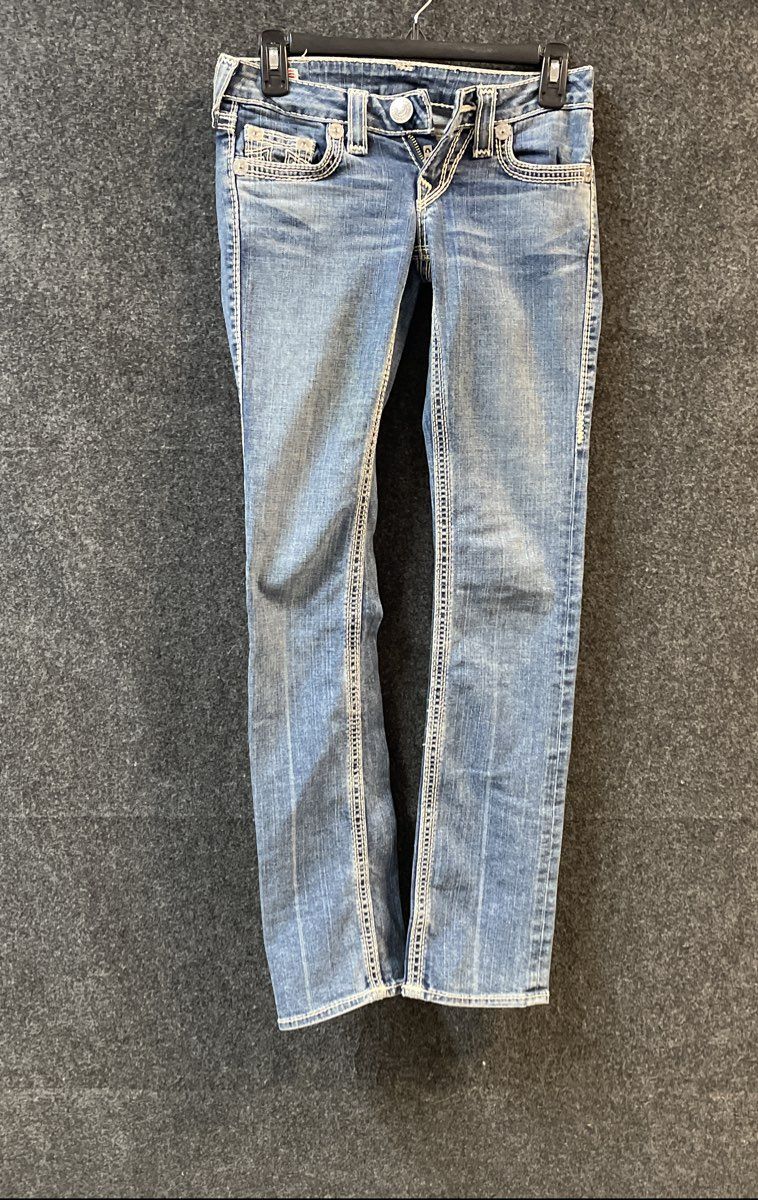 True Religion Women's Blue Contrast Stitch Low Rise Jeans Vintage Y2K Sz 24