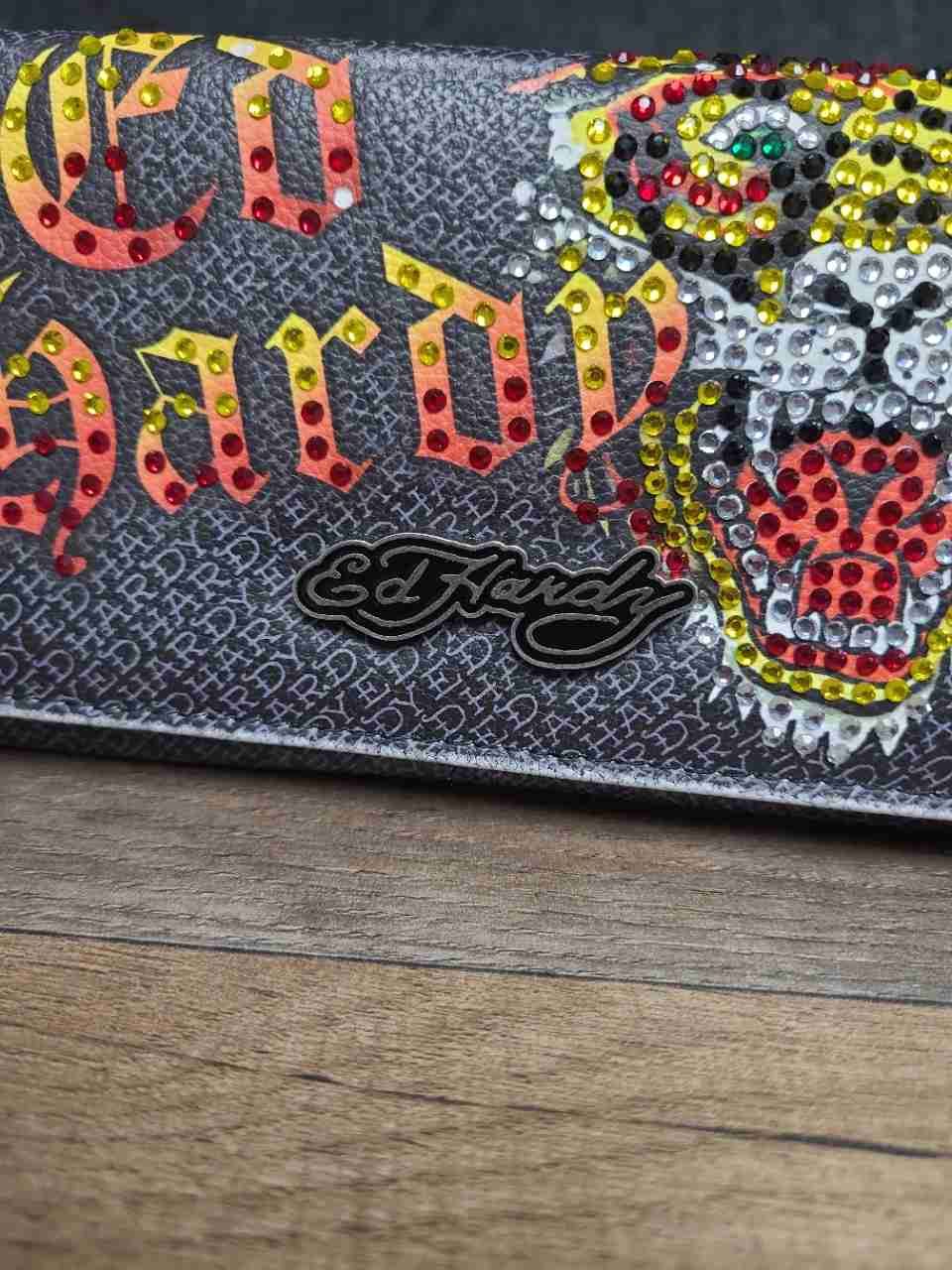 Ed Hardy Grey Vintage Y2K Tiger Rhinestone Trifold Long Wallet Clutch