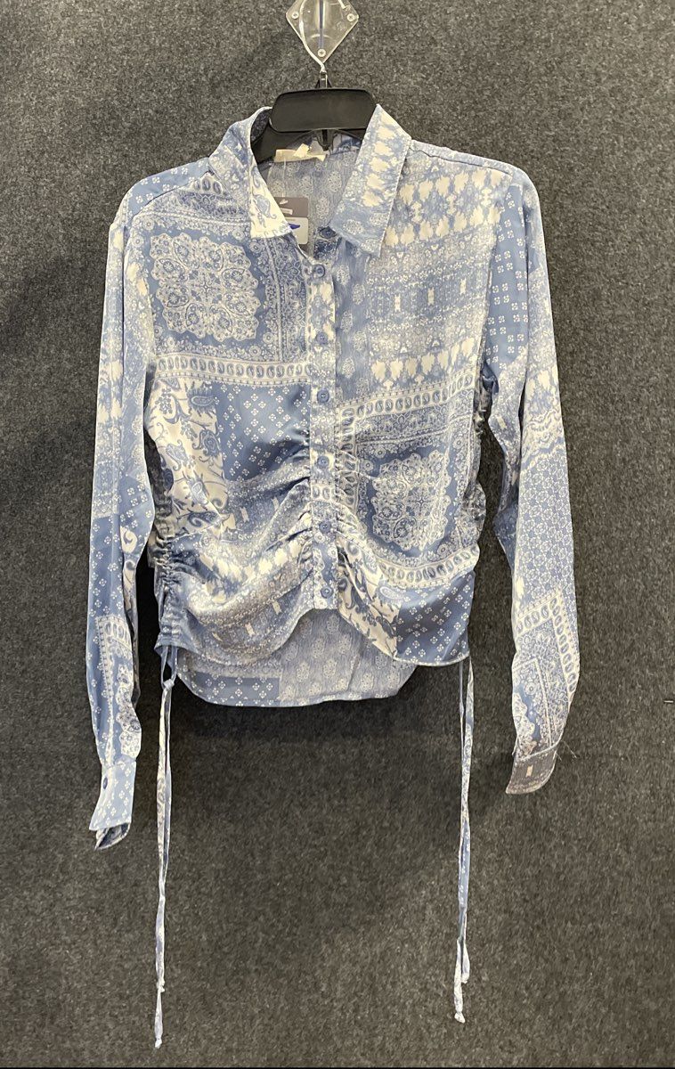 Promesa Women's Ash Blue Paisley Ruched Button Up Blouse Sz M NWT