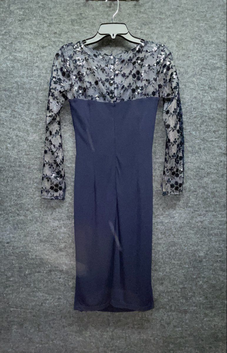 David Meister Navy Blue Floral Sequined Lace Top Ruched Sheath Dress Size 2