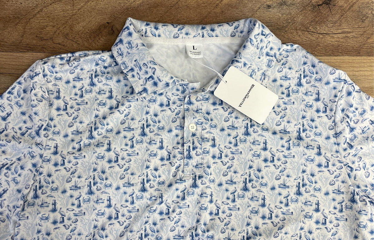 Yellowhammer Men's Golf Polo Coastal Nautical Print Blue White NWT Sz L