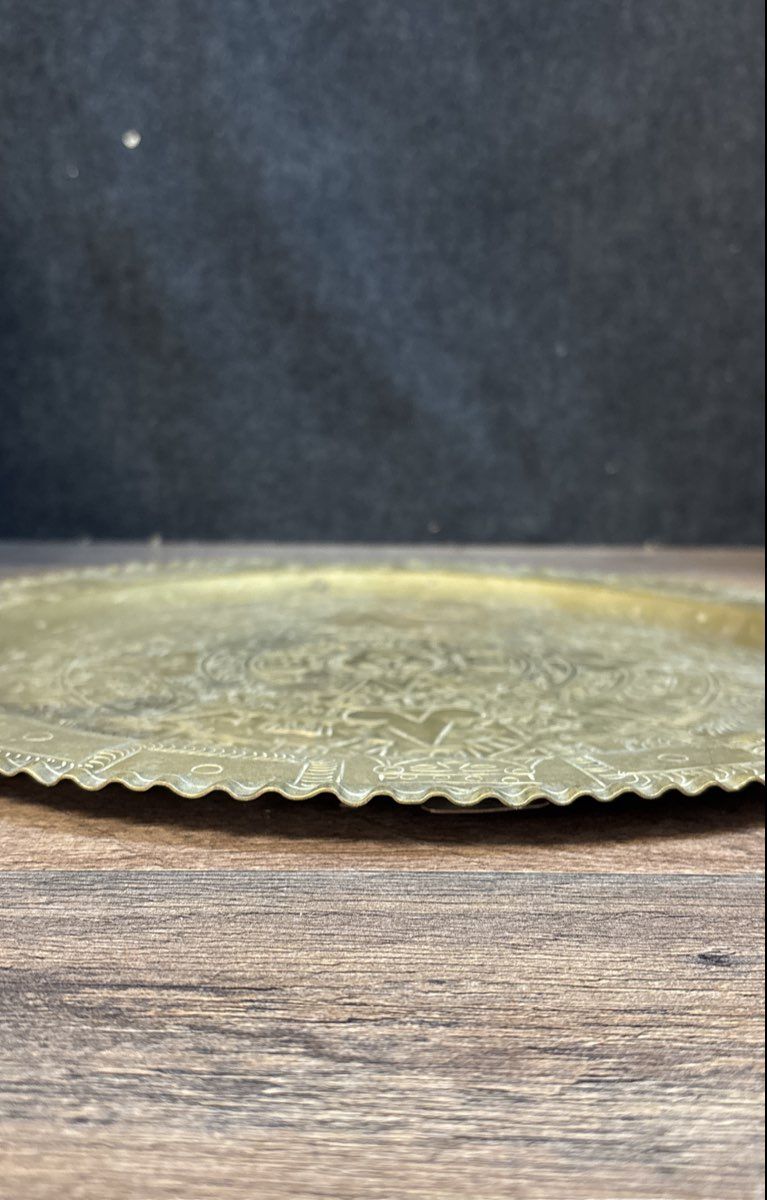 Vintage Brass Aztec Sun Stone Calendar Wall Hanging Platter Tray 14"