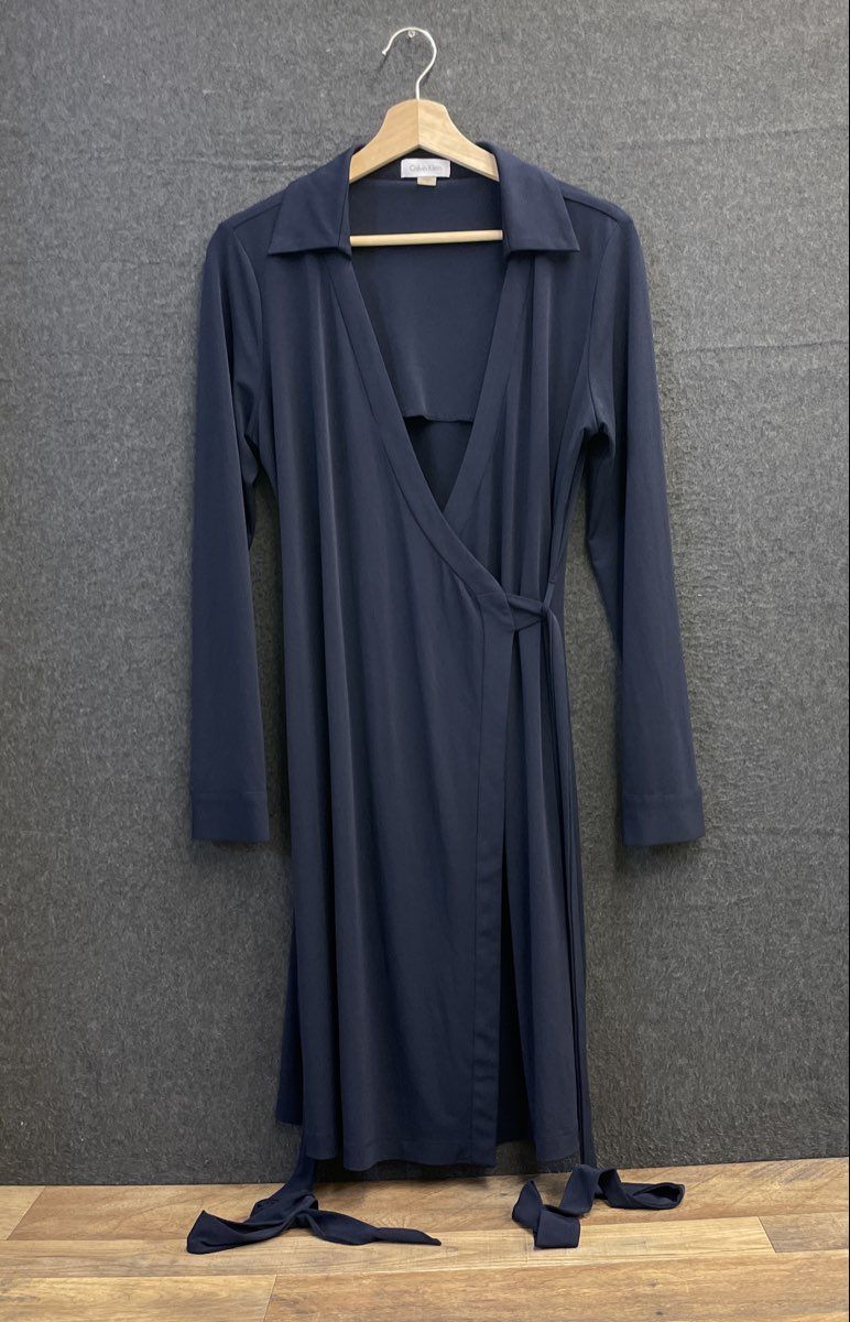Calvin Klein Women's Navy Blue Long Sleeve Collared Wrap Dress Size 12