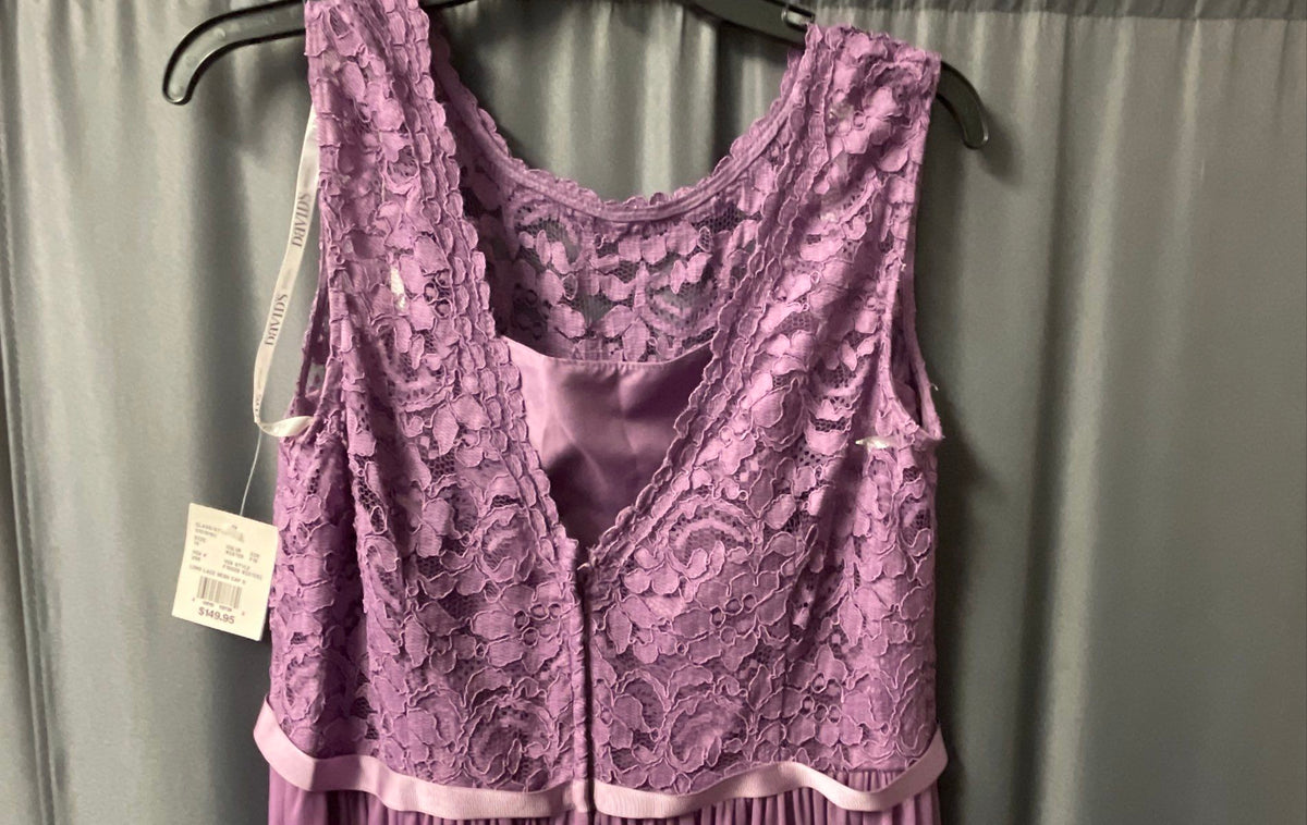 David's Bridal Women's Purple Lace Mesh Cap Sleeve Maxi Dress Sz 14 NWT