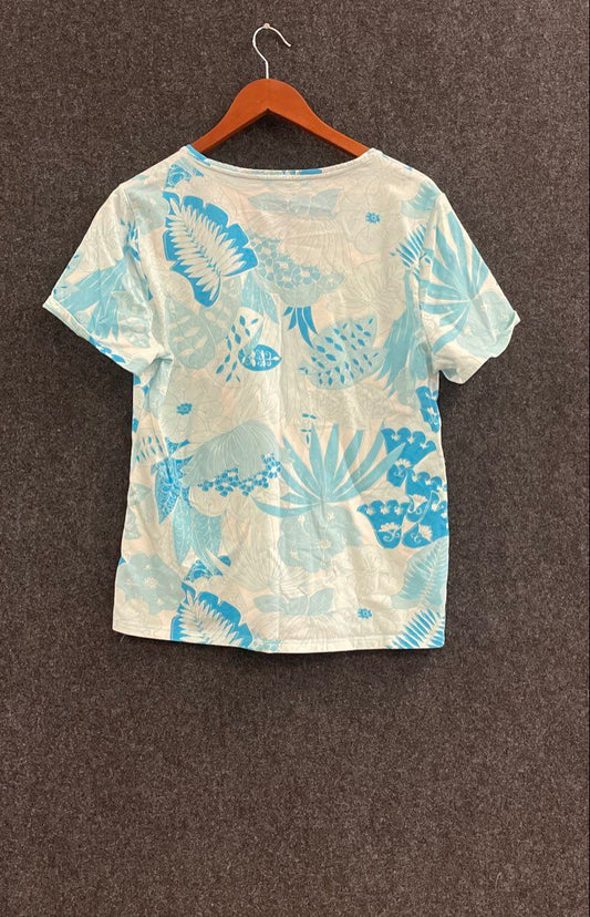 Talbots Women's Light Blue Tropical Floral V-Neck Short Sleeve T-Shirt Sz XL