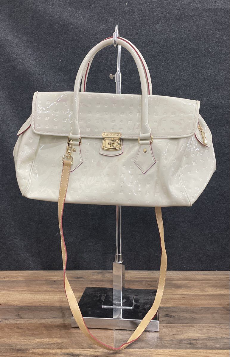 Arcadia White Monogram Embossed Patent Leather Satchel Handbag Gold Hardware