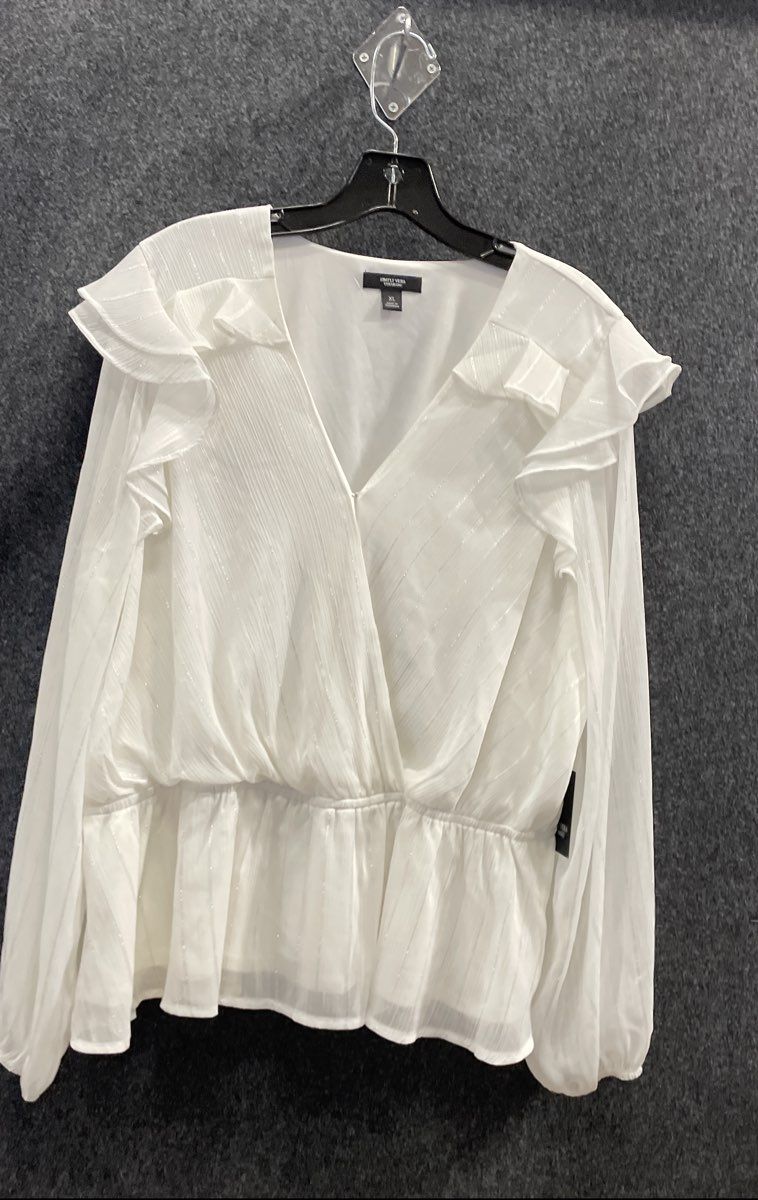 Simply Vera Wang Women's White Ruffle Peplum Surplice Blouse Metallic XL NWT