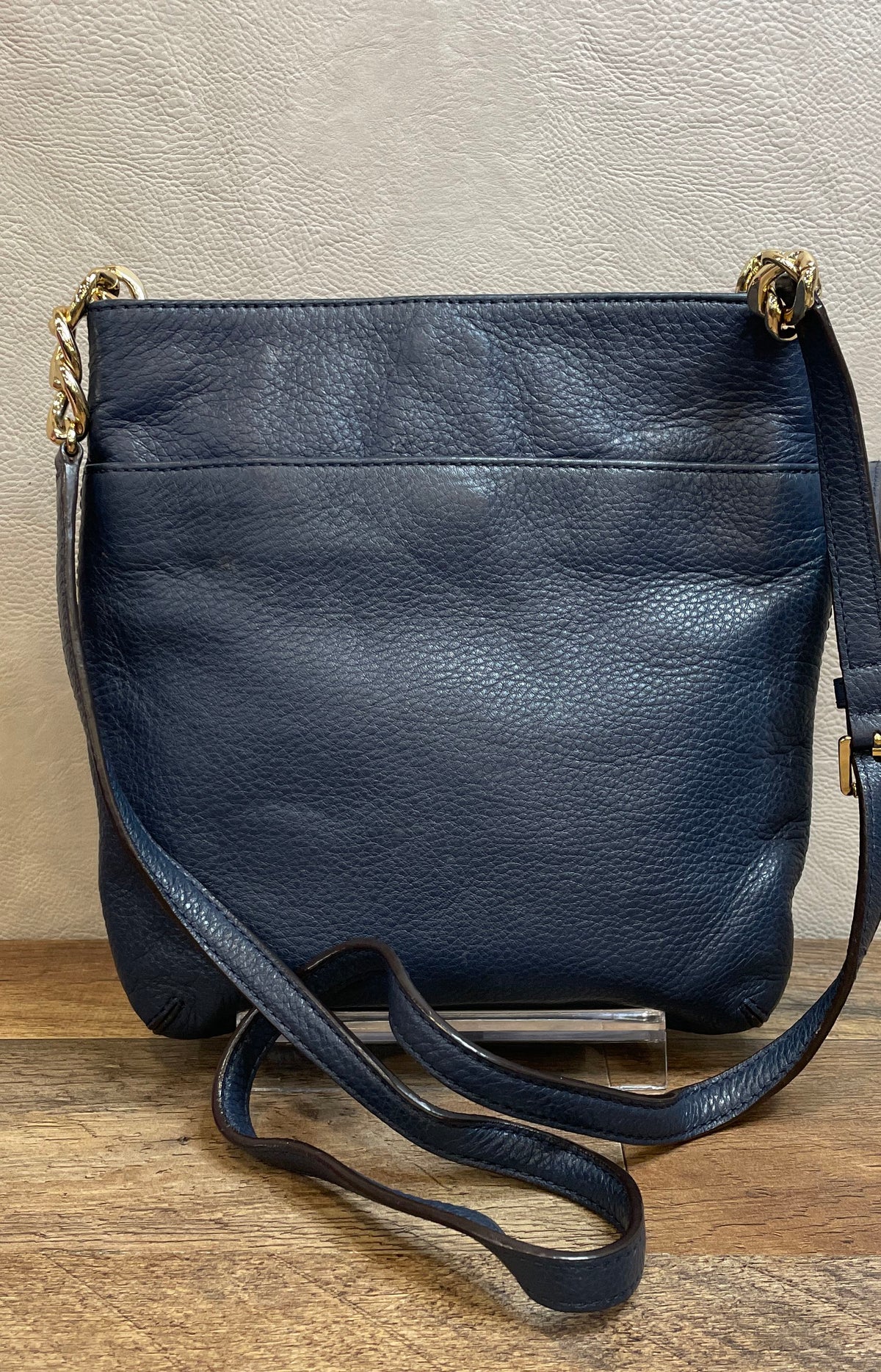 Michael Kors Navy Blue Pebbled Leather Bedford Crossbody Bag Gold Hardware