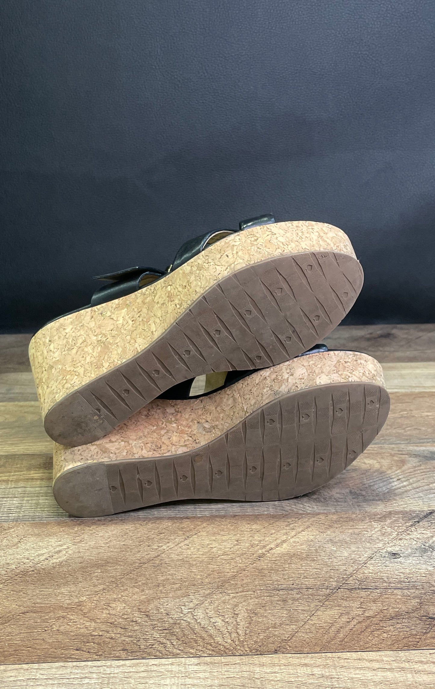 Kate Spade New York Black Leather Cork Platform Wedge Sandals Women's Size 8