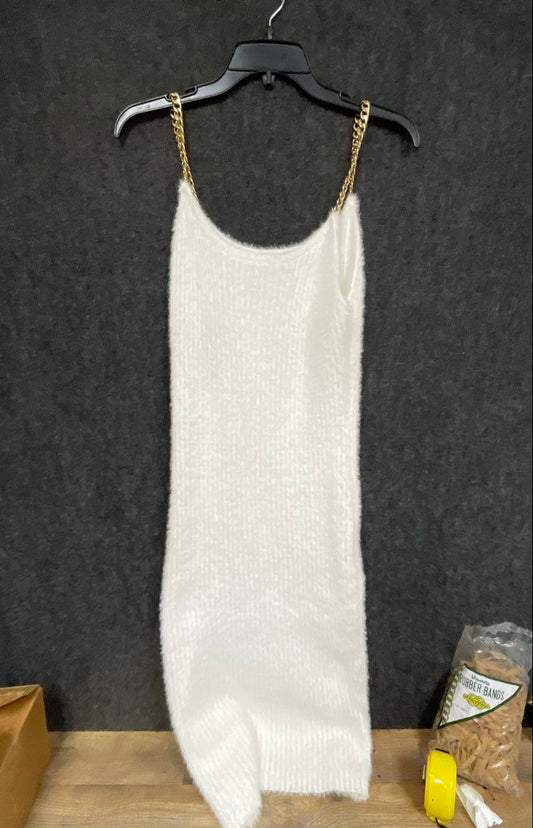 Almost Famous Women's White Eyelash Knit Bodycon Dress Gold Chain Straps Sz 1X