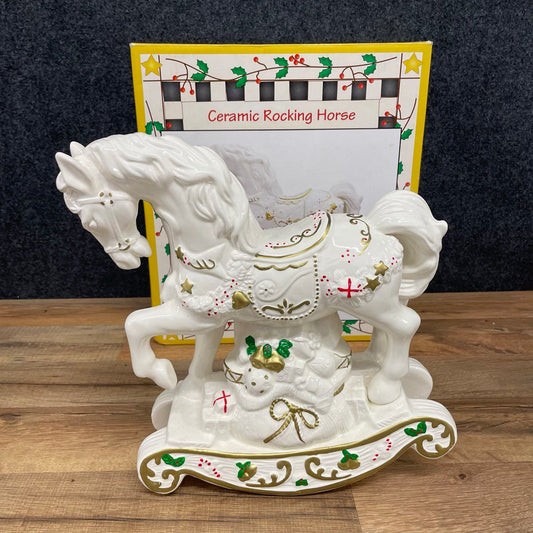 Vintage Ceramic Rocking Horse Figurine Christmas Holiday Decor White Gold Near