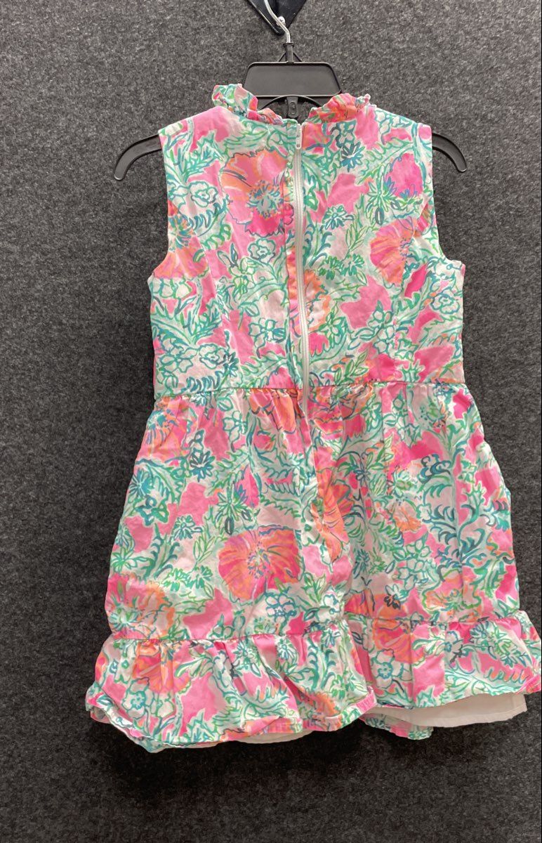 Lilly Pulitzer Girls Dress Pink Teal Floral Print Ruffle Neck Tiered Sz 5