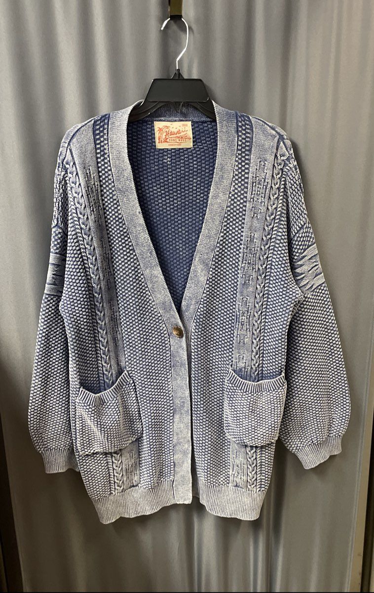 Hawaii Surf Wave Women's Blue Oversized Single Button Textured Cardigan Sweater