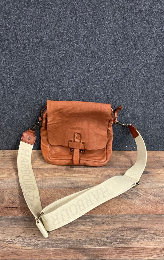 Harbour 2nd Tan Leather Crossbody Messenger Bag Branded Webbed Strap