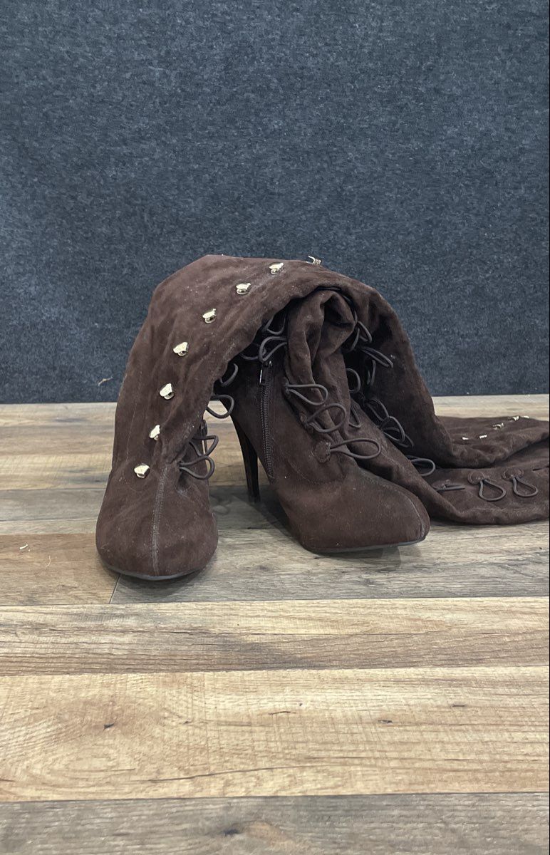 DBDK Fashion Zina-1 Brown Faux Suede Thigh High Stiletto Heel Boots Size 6.5