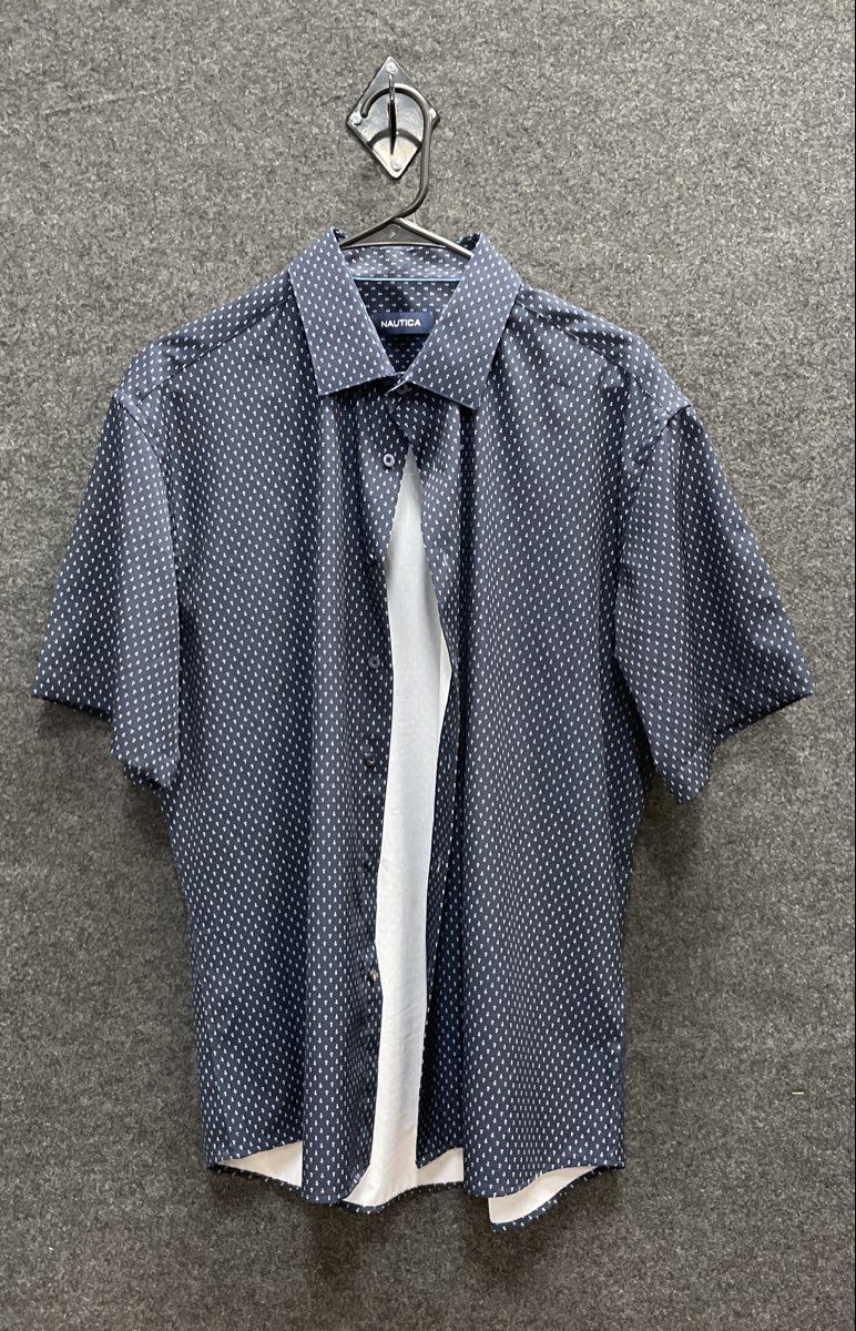 Nautica Men's Navy Blue Anchor Print Short Sleeve Button Down Shirt Sz L 16-16.5