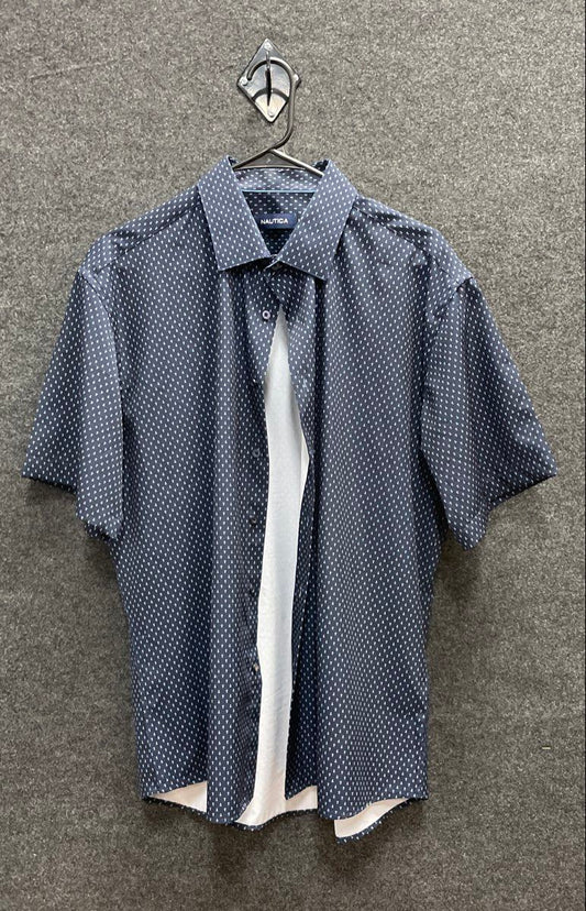 Nautica Men's Navy Blue Anchor Print Short Sleeve Button Down Shirt Sz L 16-16.5