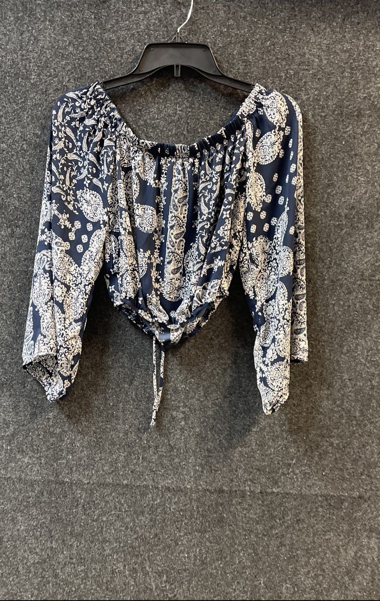 Altar'd State Women's Navy Blue Paisley Off The Shoulder Peasant Crop Top Sz S