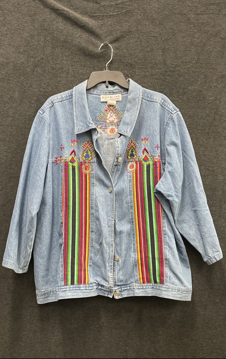 Bedford Fair Women's Vintage Y2K Blue Embroidered Denim Jacket Boho Striped 2X