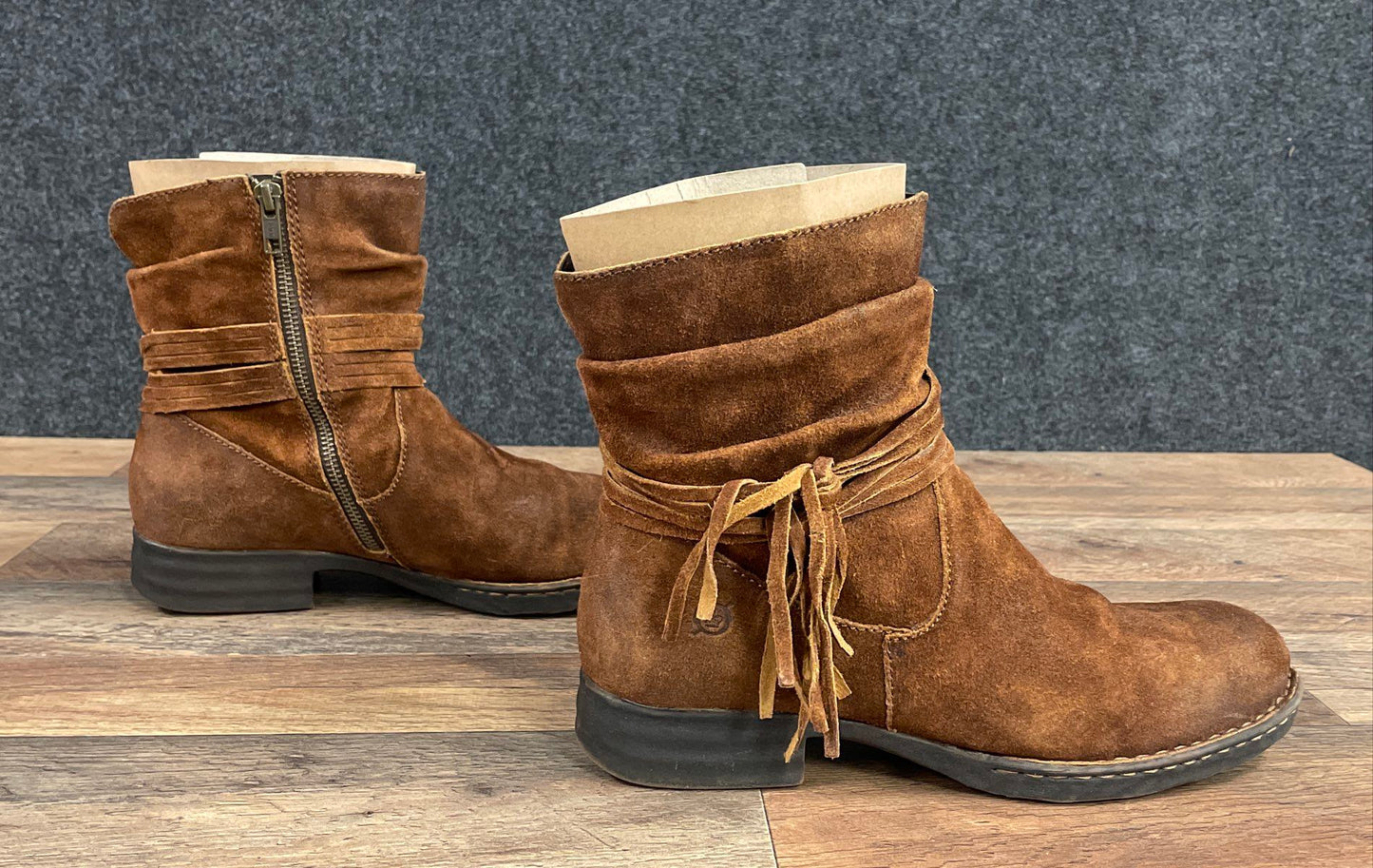 Born Kerri Brown Suede Fringe Tassel Slouchy Ankle Boots Women's Size 9