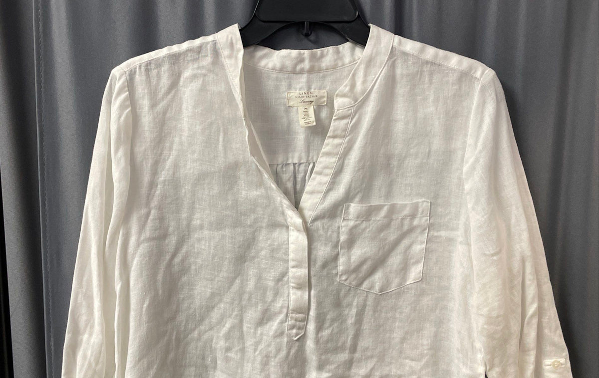 Charter Club Women's White Linen Blouse Roll Tab Sleeve Textured Back Size M