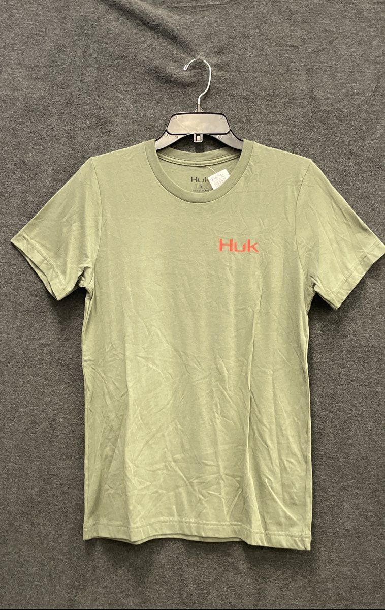 Huk Men's Christmas Fishing Graphic T-Shirt Olive Green Santa Bass Boat NWT Sz S