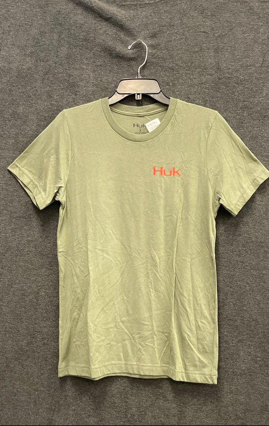 Huk Men's Christmas Fishing Graphic T-Shirt Olive Green Santa Bass Boat NWT Sz S