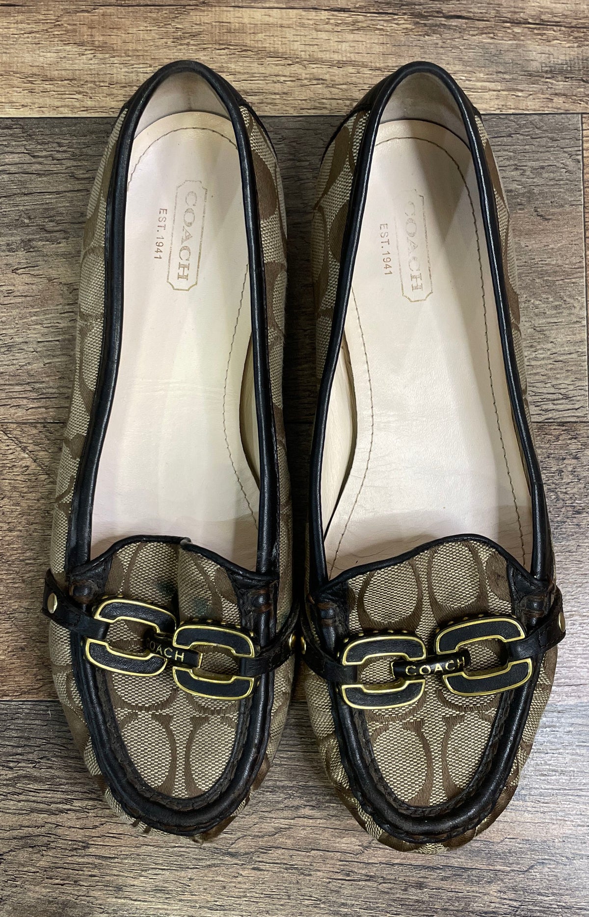 Coach Ella Signature C Khaki Brown Jacquard Loafers Moccasin Flats Size 7.5 B