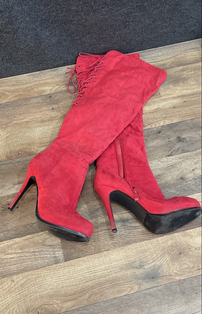 Lifted Red Suede Lace Up Over The Knee Stiletto Platform Boots Size 8.5