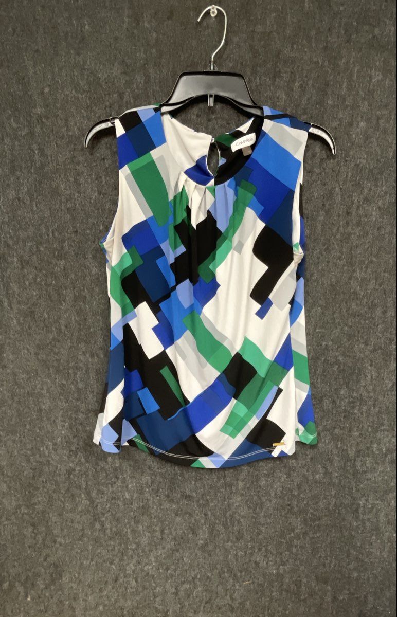 Calvin Klein Women's Multicolor Geometric Sleeveless Keyhole Blouse Top Sz L