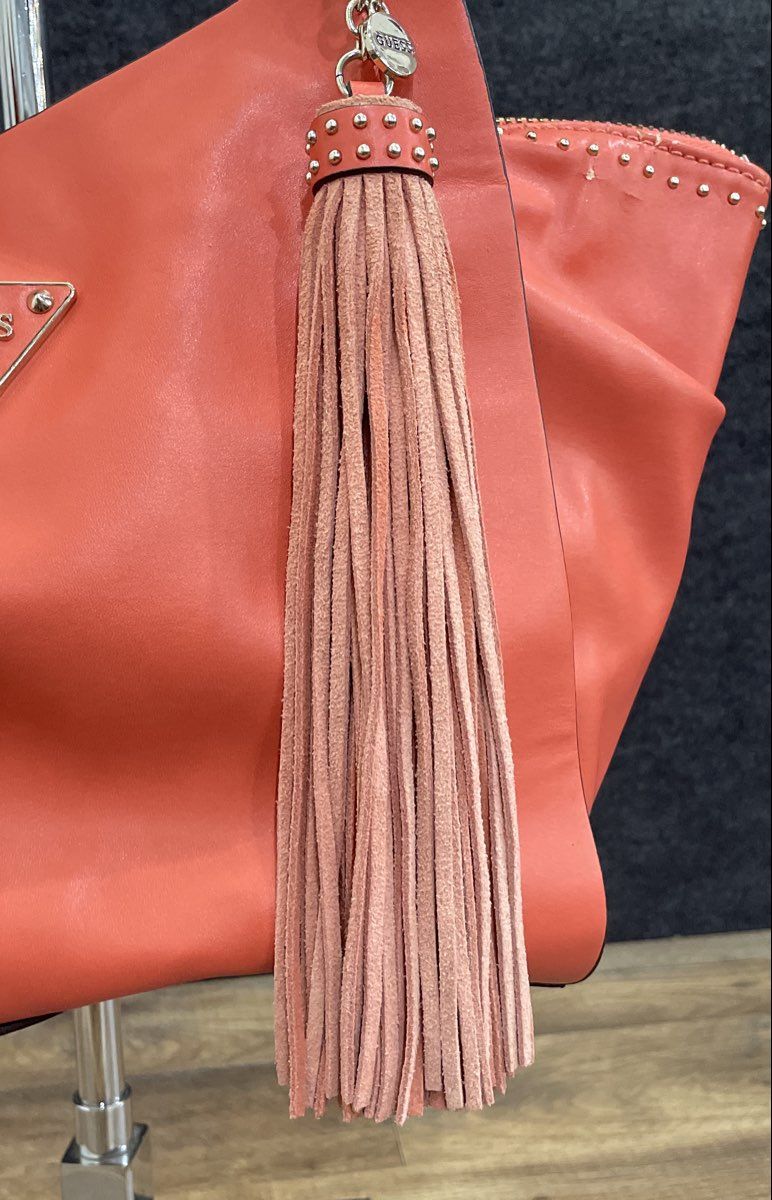 Guess Salmon Coral Studded Tassel Shoulder Bag Tote Silver Hardware