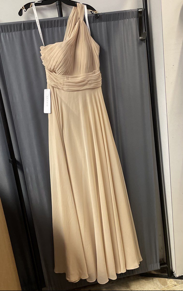 Azazie Women's Charlize Champagne One Shoulder Maxi Gown NWT Sz A8