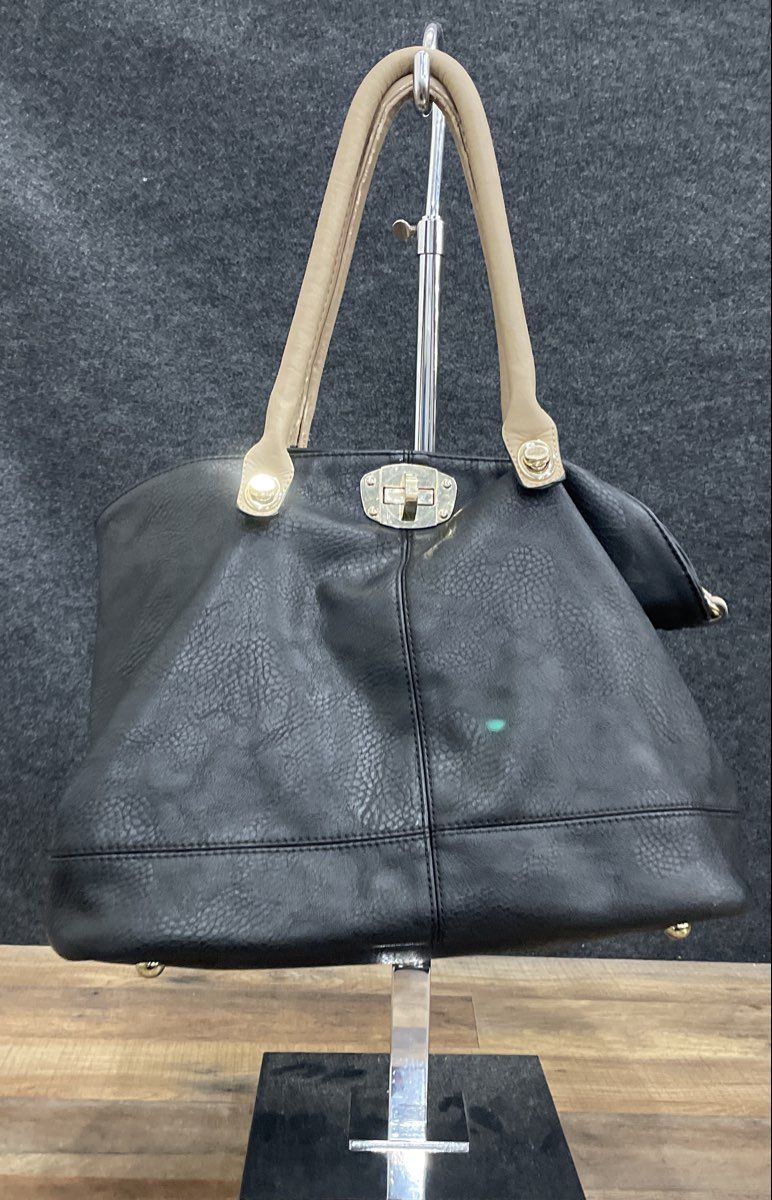Charming Charlie Black Pebbled Faux Leather Tote Handbag Tan Handles Gold Tone