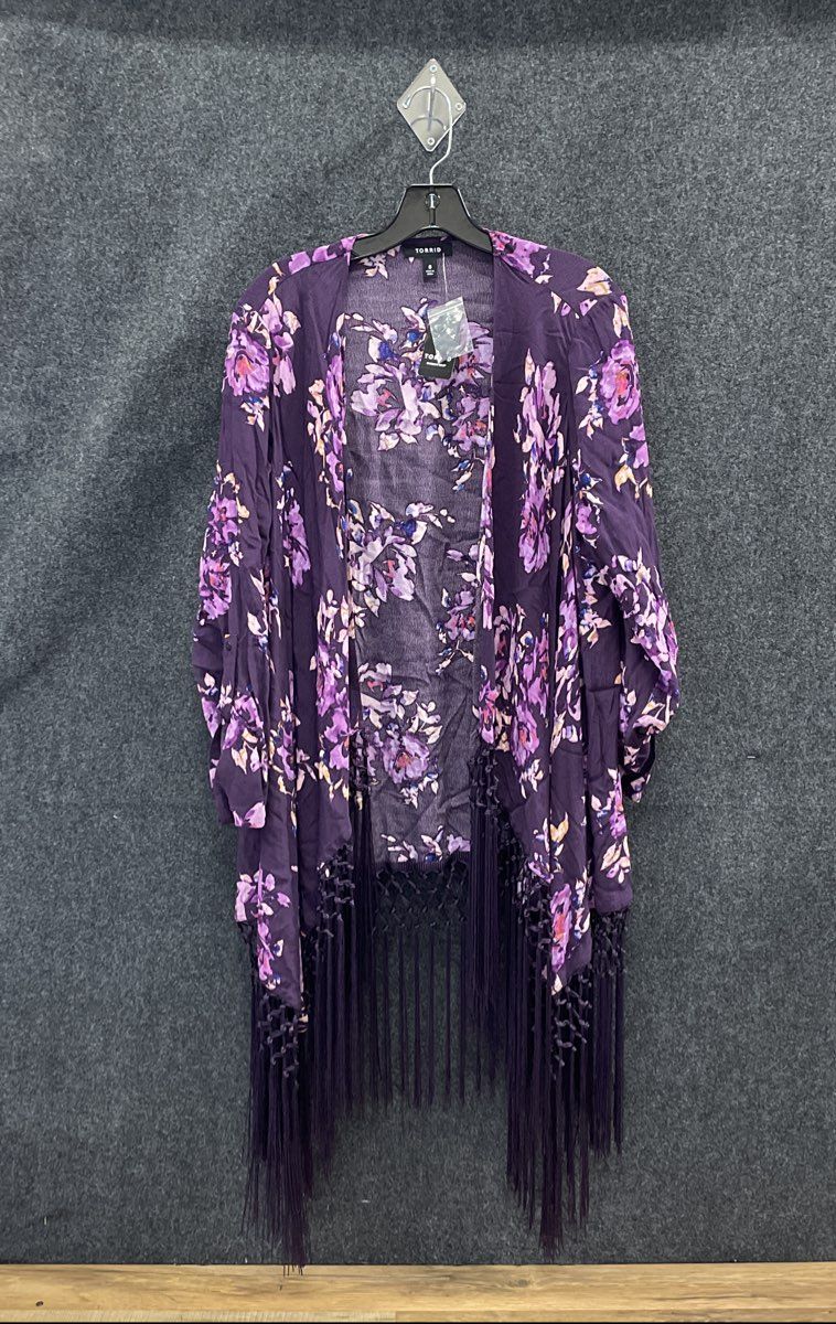 Torrid Women's Purple Floral Fringe Kimono Cardigan Layering Piece Sz 0 NWT