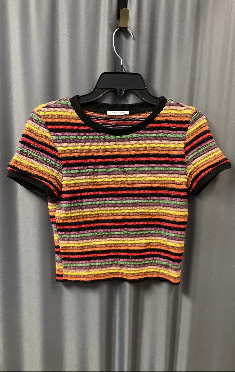 Zara Trafaluc Women's Multicolor Striped Short Sleeve Knit Crop Top Size M