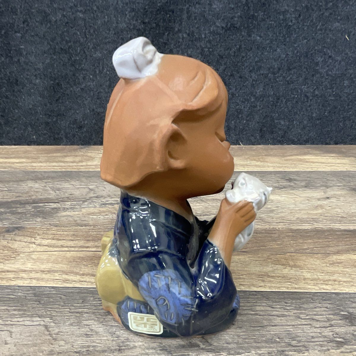 Vintage UCAGCO Japan Girl w/ Cat Figurine Blue Kimono Ceramic Statue 7"