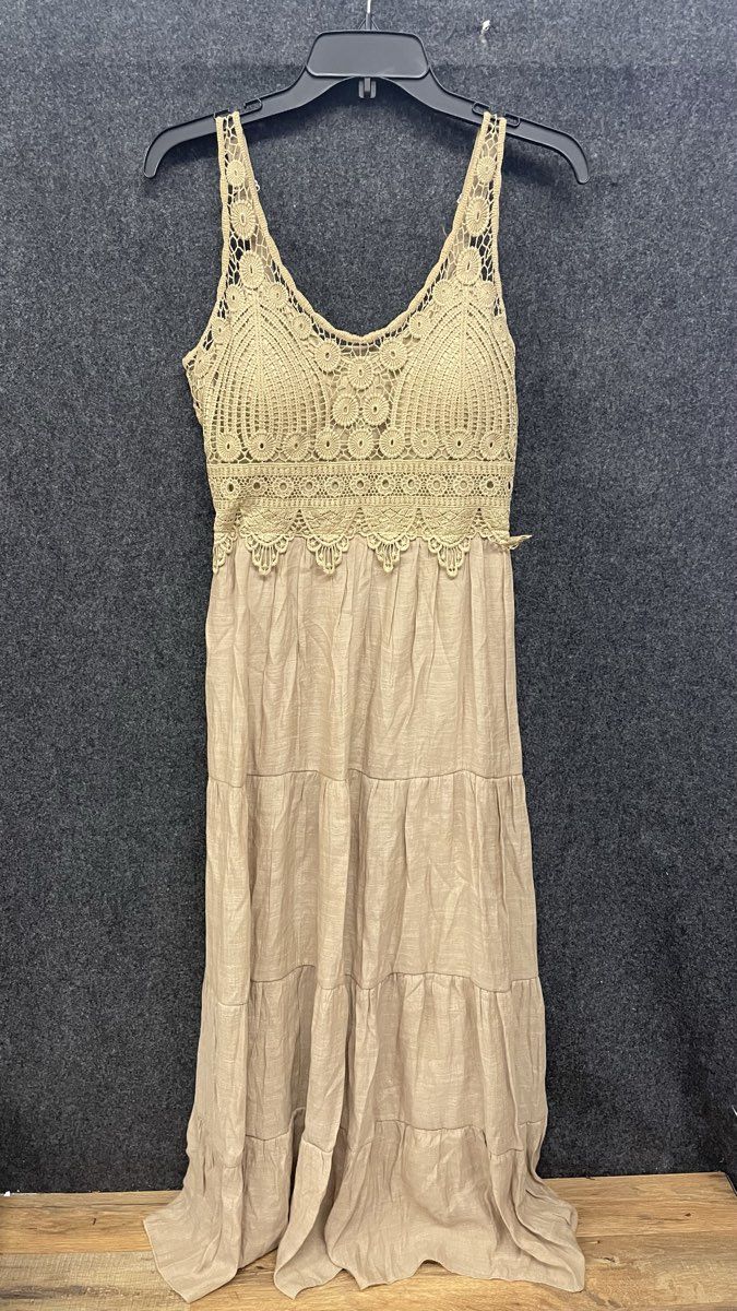 Kings Road Women's Tan Crochet Lace Bodice Tiered Maxi Dress Sz XL