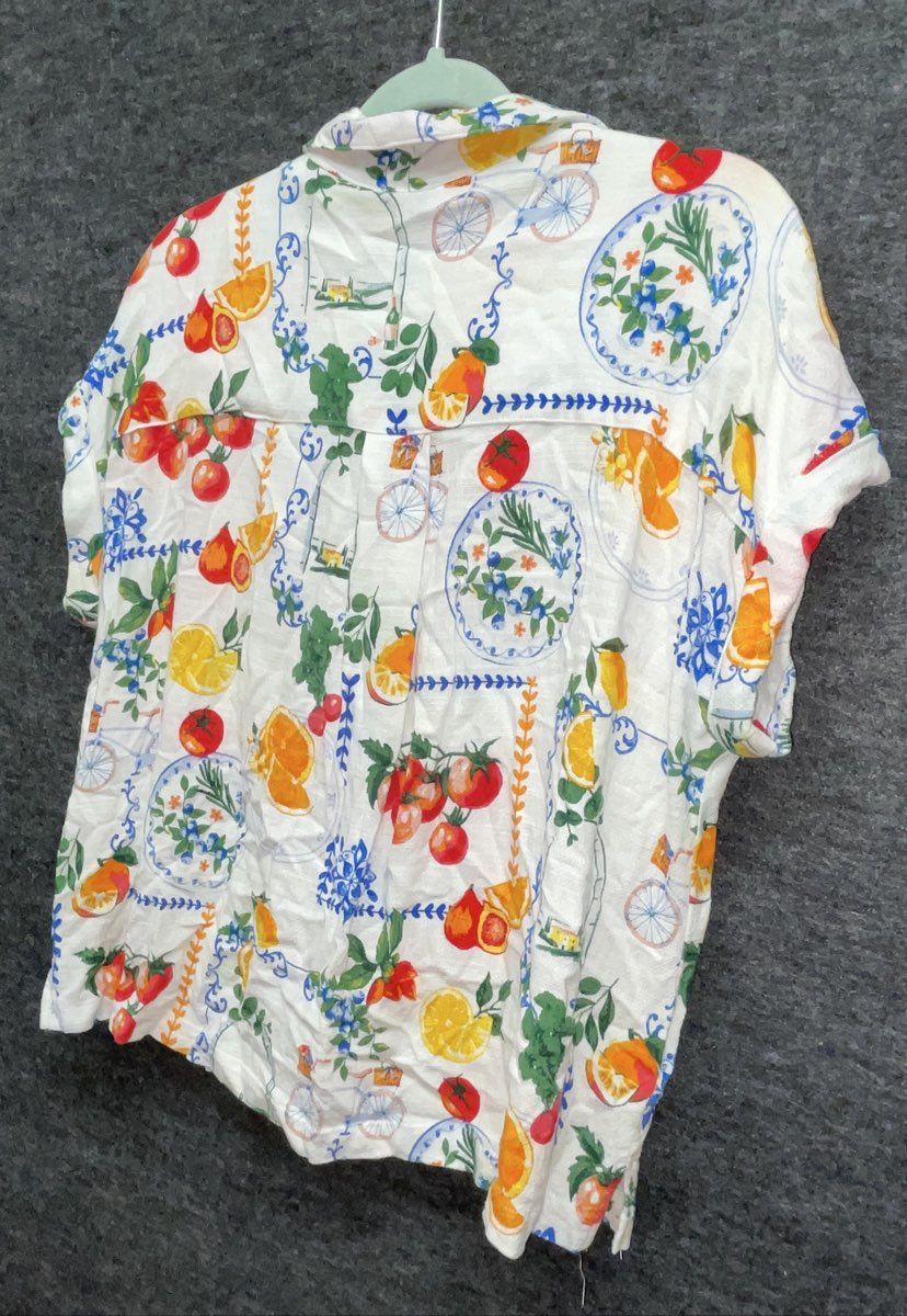 Jane + Delancey Women's Fruit Print Rayon Linen Button Down Blouse Sz L