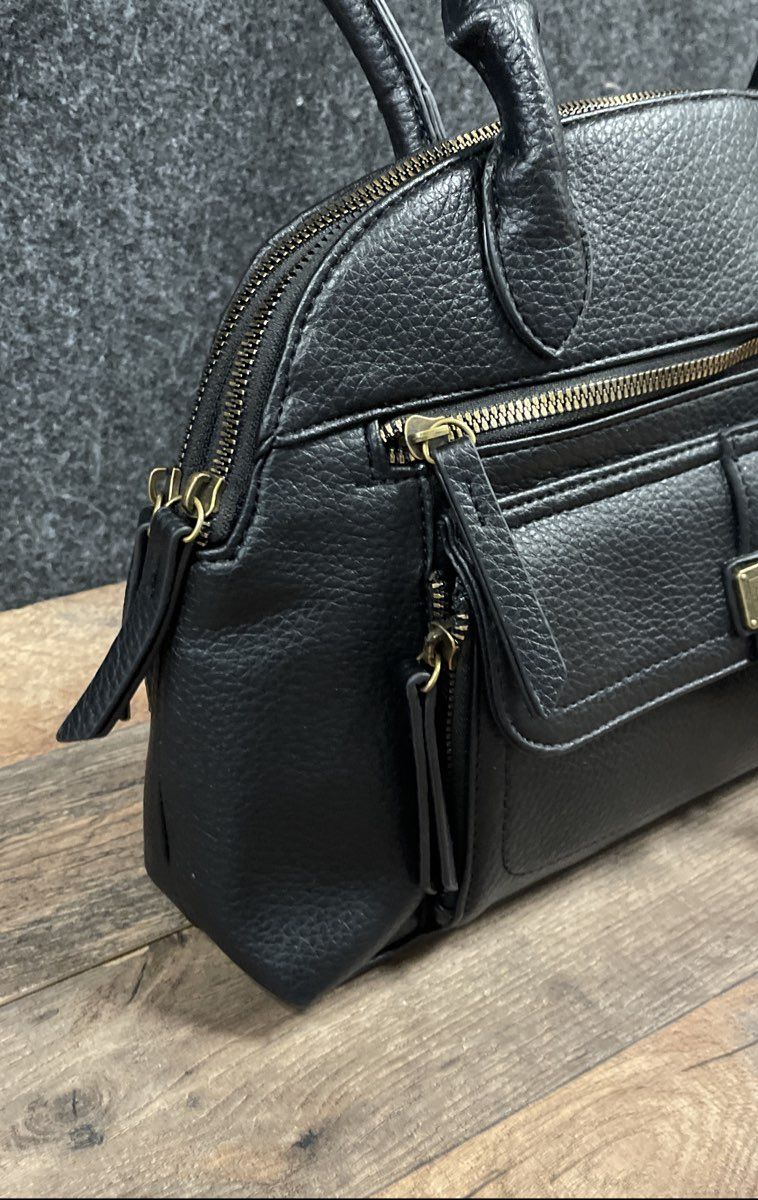 White Mountain Black Pebbled Multi-Pocket Shoulder Bag Brass Hardware