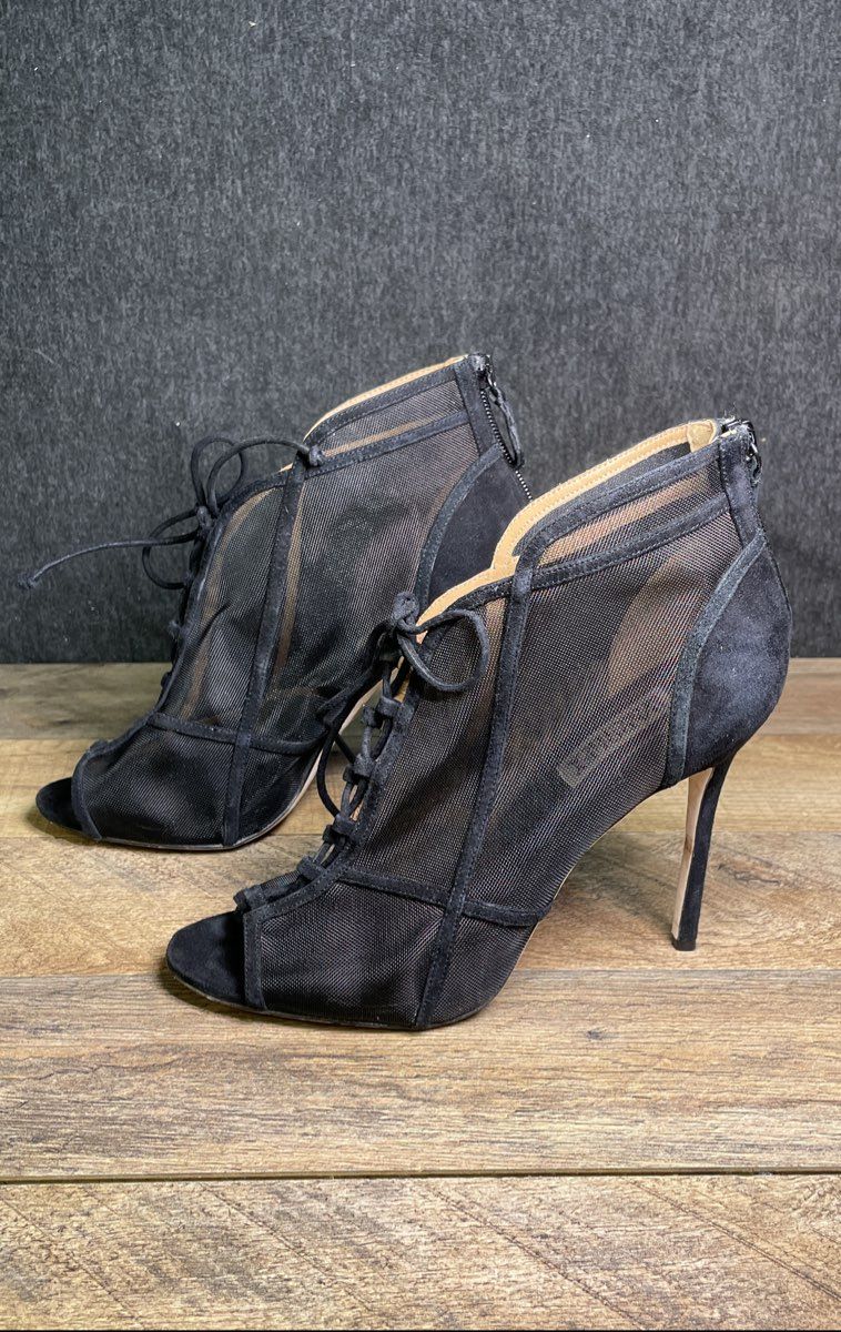 Badgley Mischka Black Mesh Lace-Up Open Toe Stiletto Heel Booties Size 8.5