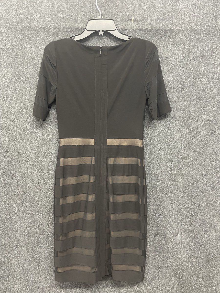 Adrianna Papell Women's Black Tan Banded Mesh Stripe Sheath Dress Sz 2