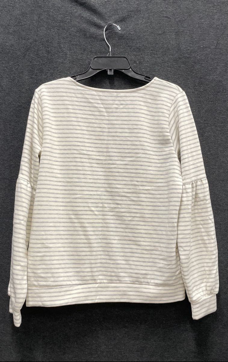 Lucky Brand Women's Striped Fleece Sweatshirt White Grey Puff Sleeve NWT Sz L