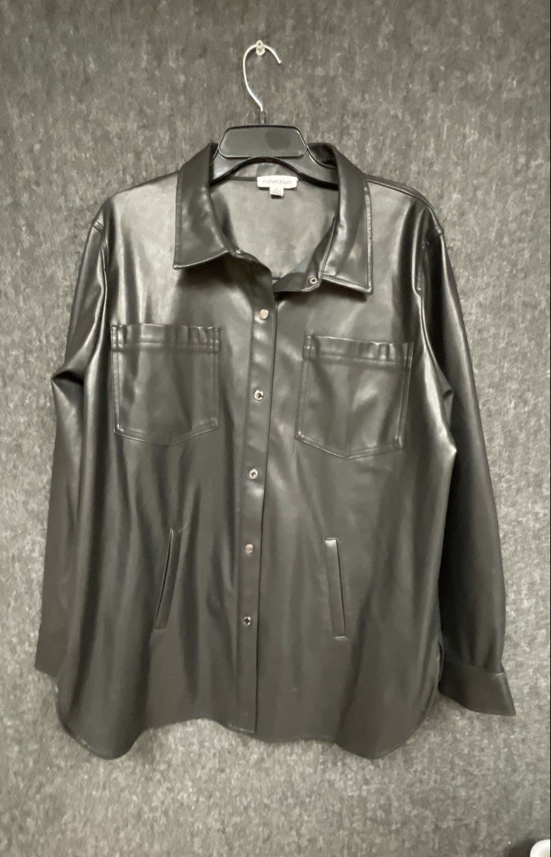 Calvin Klein Women's Black Faux Leather Snap Front Shirt Jacket Shacket Size XL
