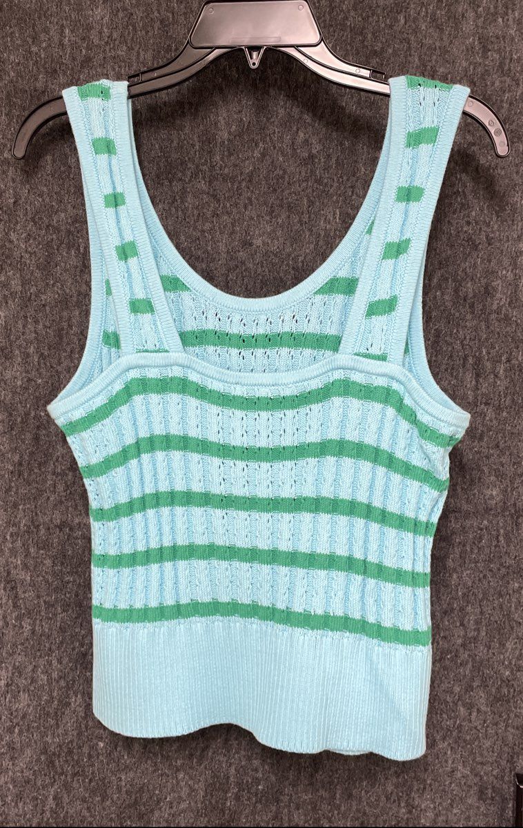 Talbots Women's Light Blue Green Striped Ribbed Cotton Sweater Tank Top Sz L