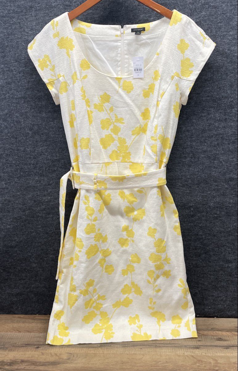 Ann Taylor Women's White Yellow Floral Belted Cap Sleeve Sheath Dress Sz 10 NWT