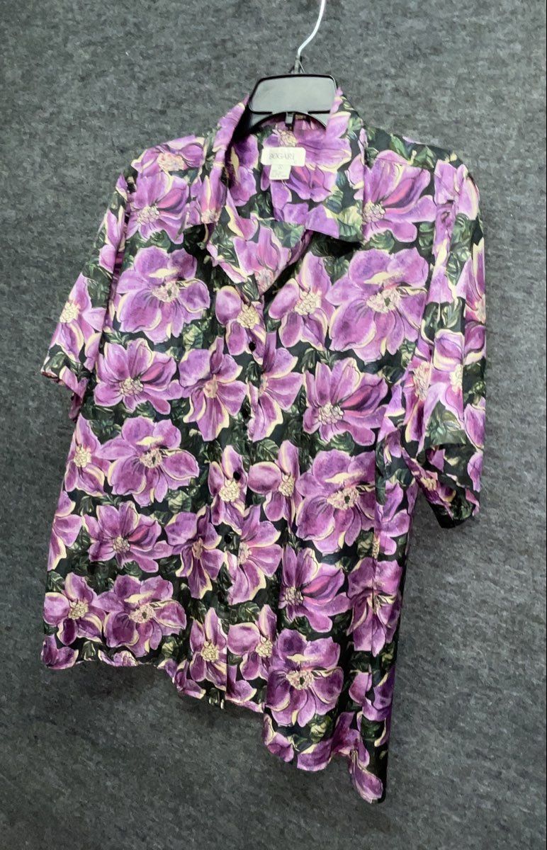 Vintage 90s Bogari Women's Purple Floral 100% Silk Blouse Sz L