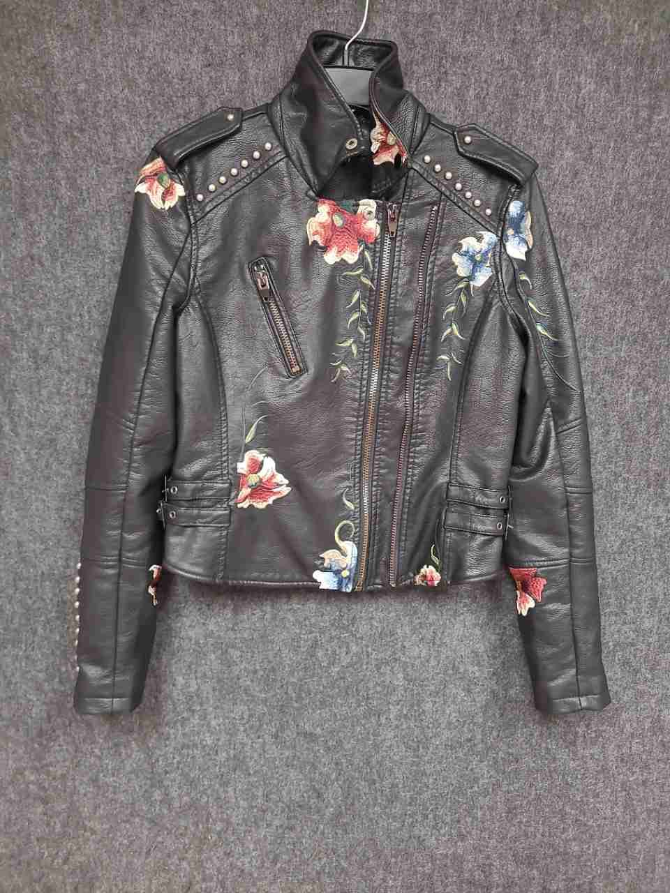Papillon Women's Black Faux Leather Moto Jacket Floral Embroidered Studded Sz S