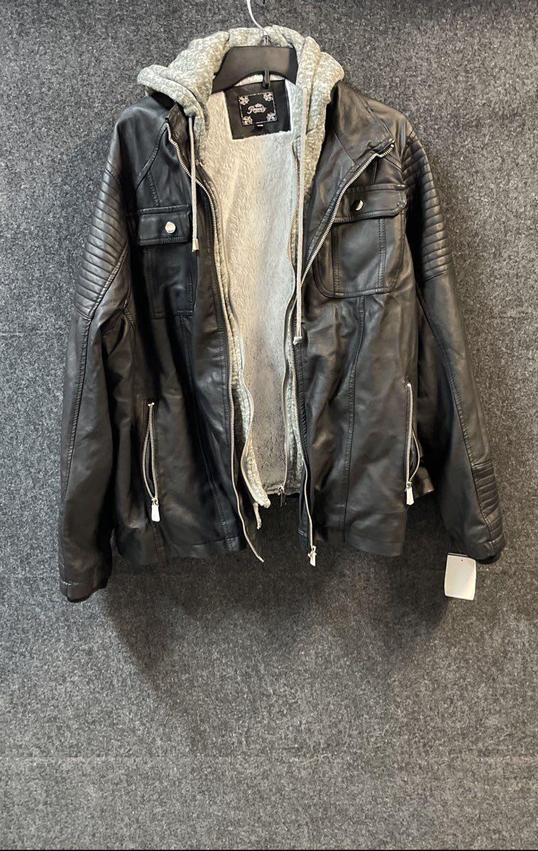 Royalty Women's Black Faux Leather Hooded Moto Jacket Fur Lining NWT Sz 3X