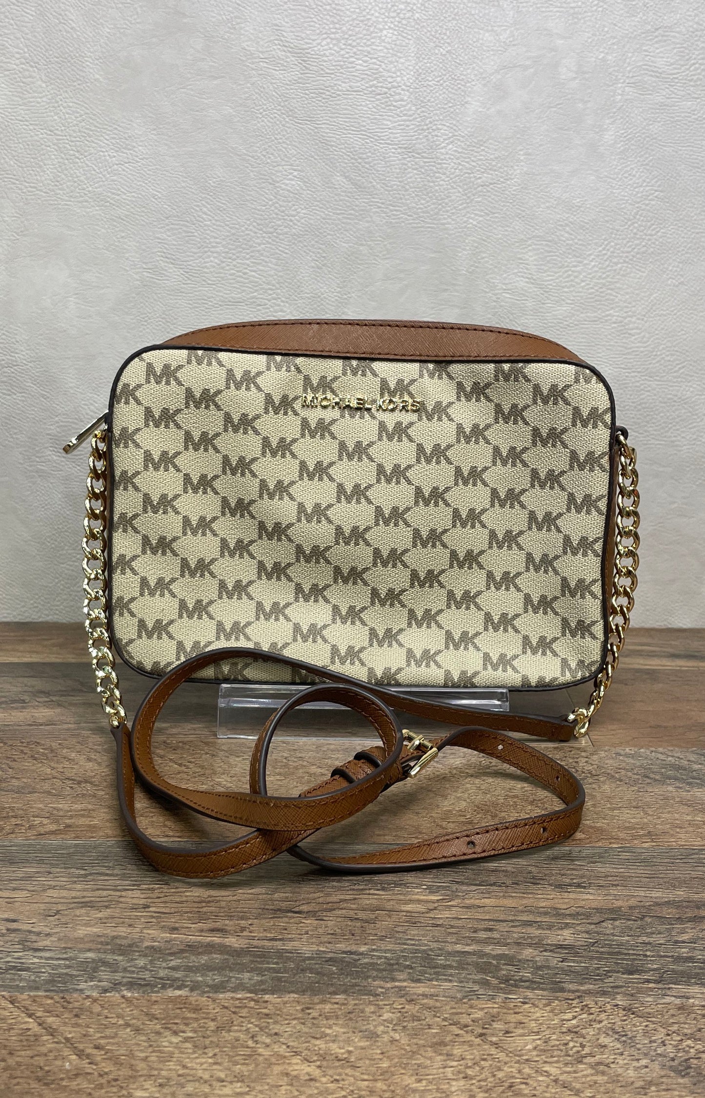 Michael Kors Brown Tan Signature MK Monogram Crossbody Camera Bag Gold Hardware